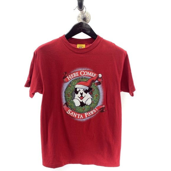 Vintage Other - HERE COMES SANTA PAWS Big Dogs T-shirt S Small Red